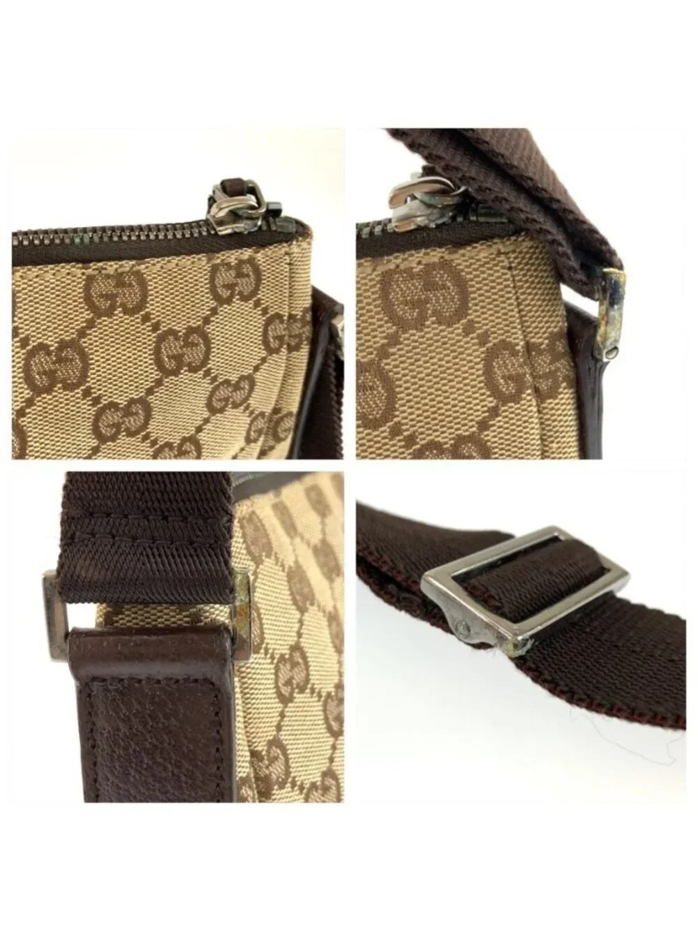 Gucci Beige Brown Silver GG Canvas Leather Shoulder Bag